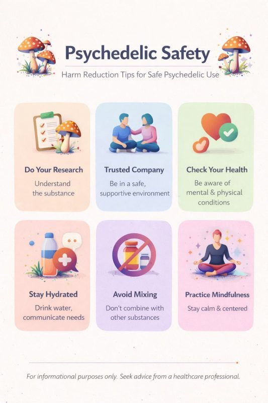 psychedelic safety infographic educational poster, harm reduction illustration, minimal infographic design