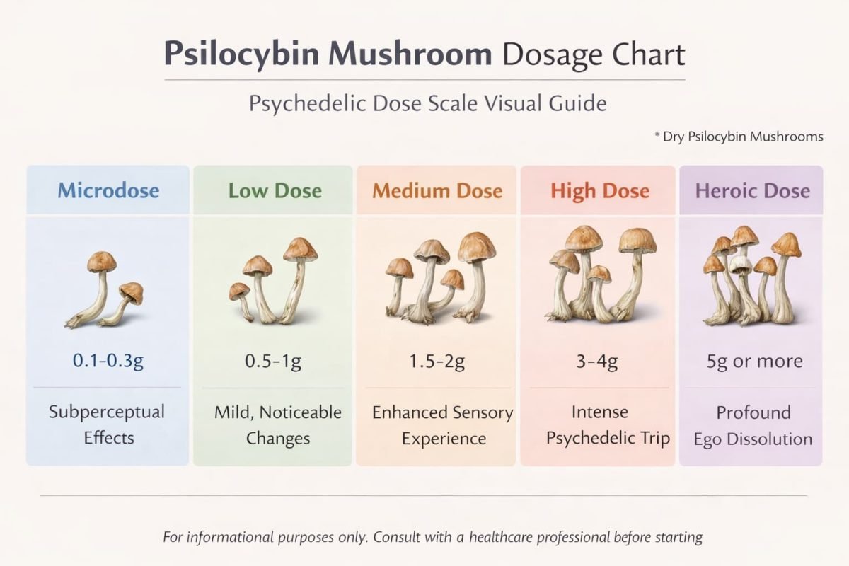 psilocybin mushroom dosage chart infographic, psychedelic dose scale visual guide, educational infographic style, minimalist design