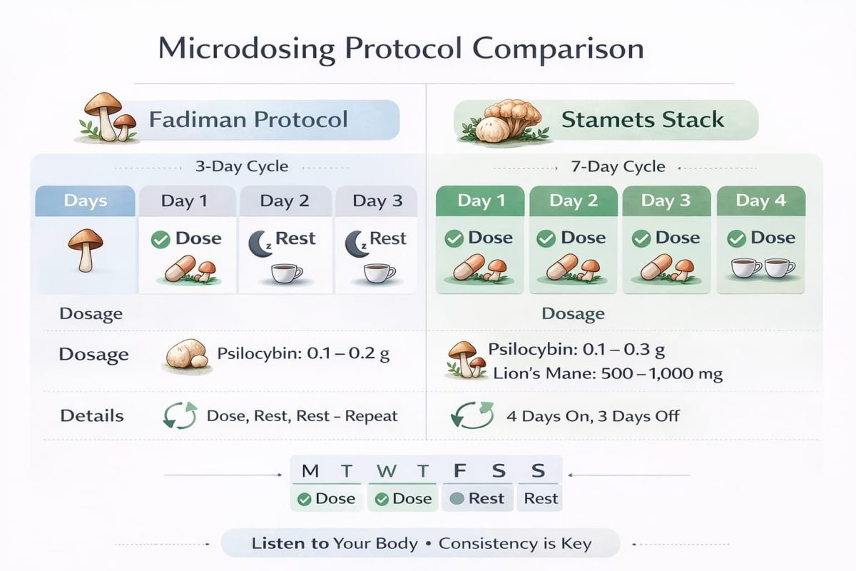 microdosing protocol comparison chart fadiman vs stamets, side by side infographic, clean educational design