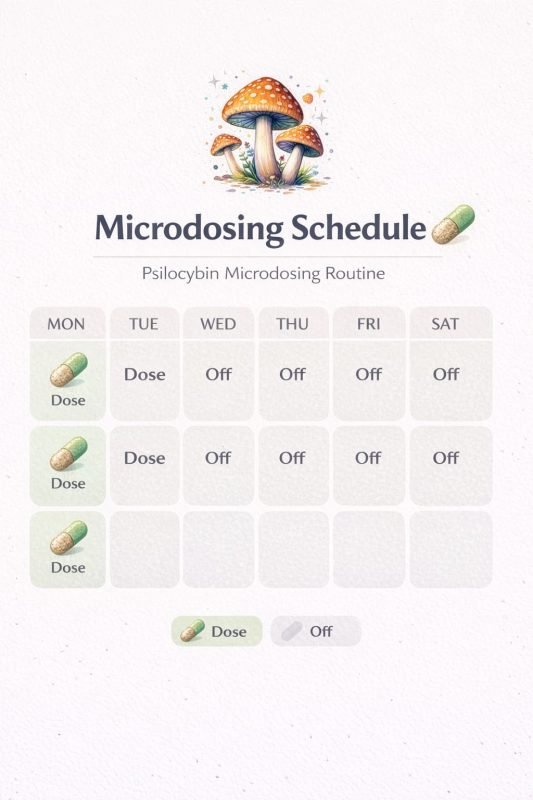 microdosing schedule calendar infographic, minimalist design, psilocybin dosing routine visual, clean educational chart