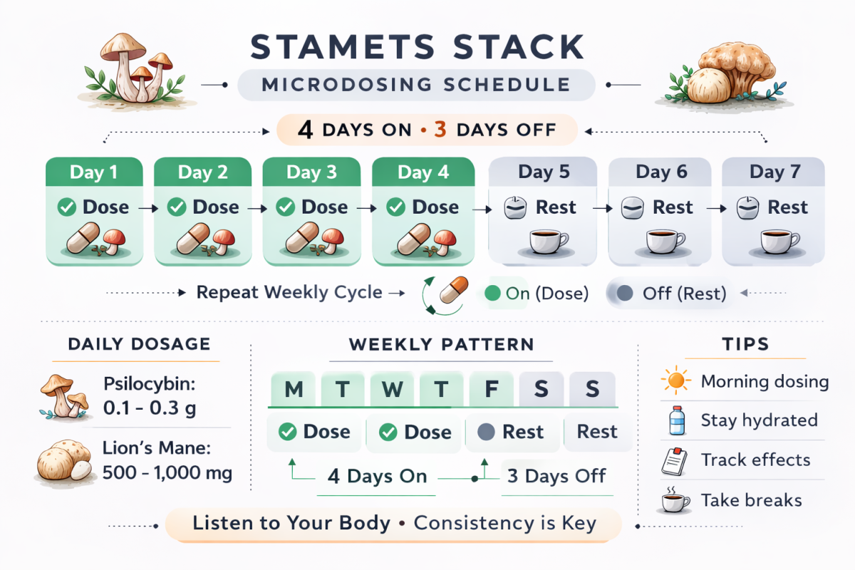 stamets stack microdosing schedule infographic, 4 days on 3 days off, educational infographic clean style